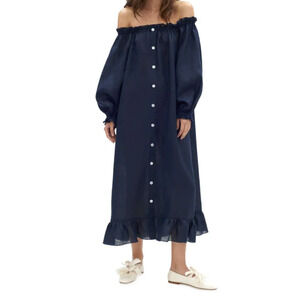 Sleeper Bosporus Linen Loungewear Button Front Maxi Dress Size 1 Navy Blue